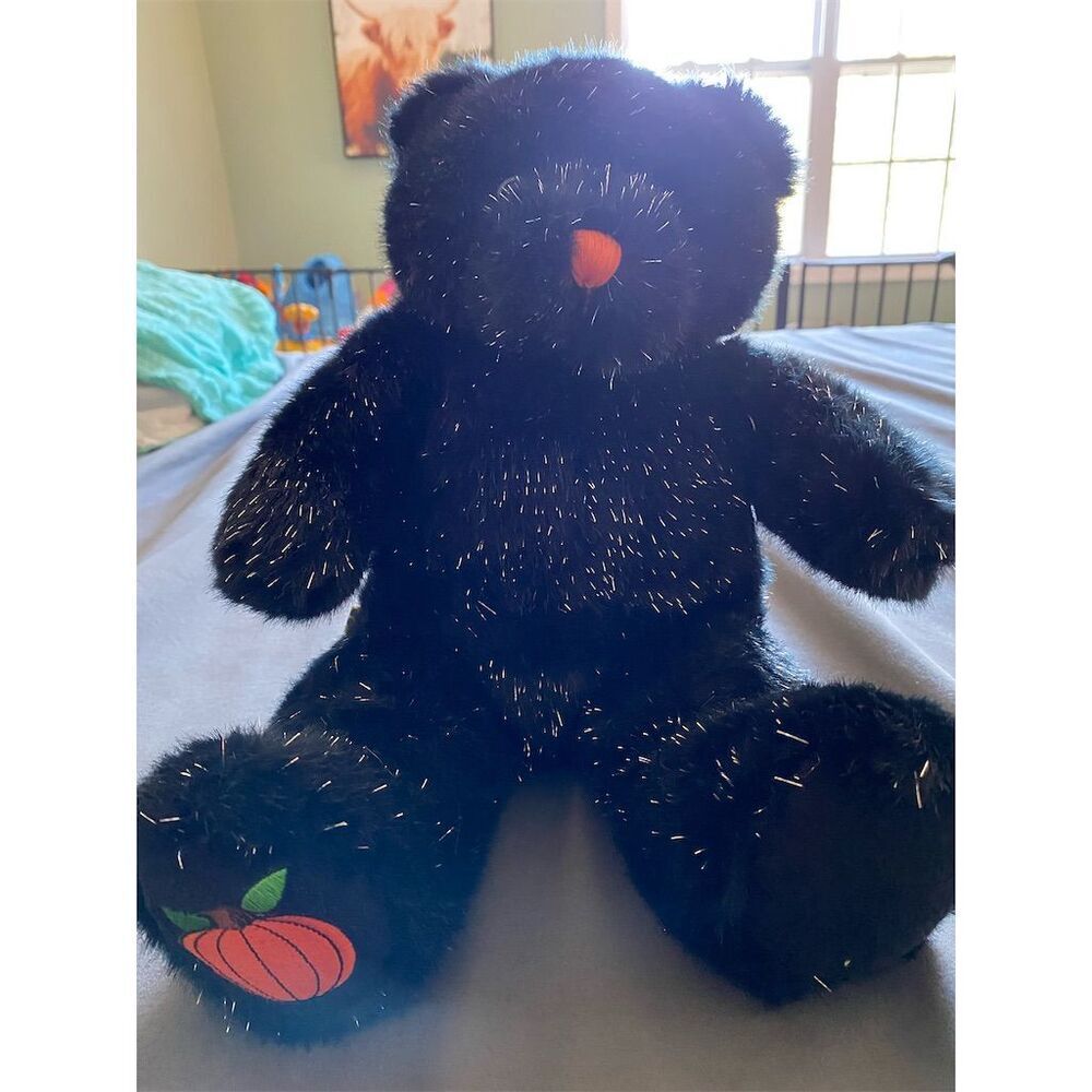 Build-A-Bear Black Plush Bear with Orange Pumpkin Accent